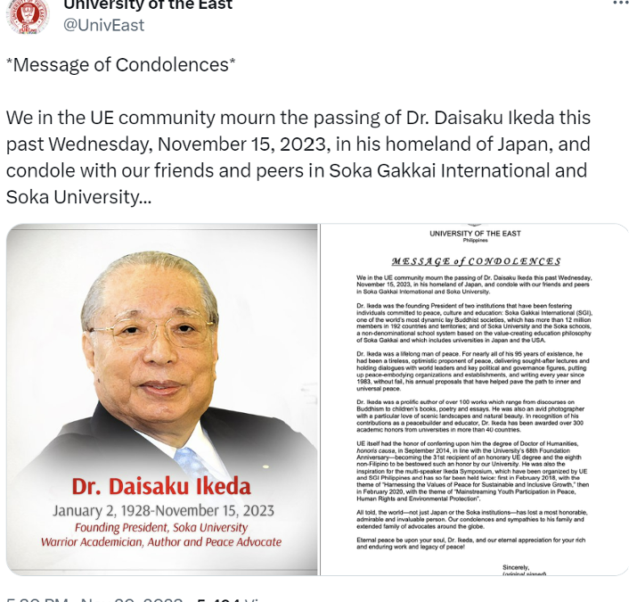 [NEWS] Foreign institutions sending condolences for the passing of Daisaku Ikeda, these organisations have common interest established with Dr. Daisaku Ikeda.